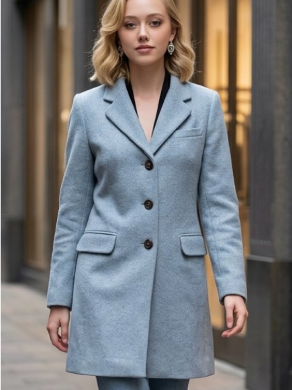 Daniel Hechter Y2K Classic Blue Single-Breasted Wool Blend Pea Trench Coat-M